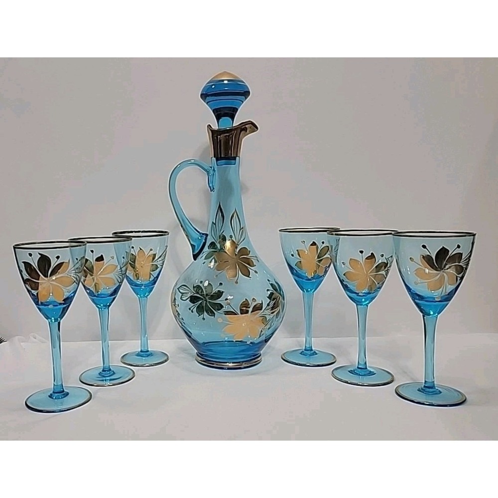 Vintage Romanian Hand Blown Decanter Set, Teal Blue/Gold Designs, 6 Goblets